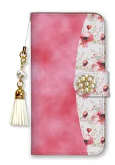 iPhone14Pro ケース 手帳型 アイフォン14 プロ スマホケース パール デコ付き ストラップ付  おしゃれ 花柄 ツートーン お花 かわいい フラワー ピンク ブルー 水色 カラー01