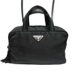 美品 プラダ PRADA トライアングル ロゴ ナイロン ショルダー ハンド バッグ フリンジチャーム テスート クロスボディ レザー 2way 黒 ブラック シルバー金具 レディース メンズ