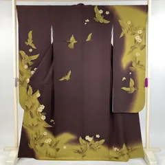 たんす屋 TANSU-YA 中古 リユース着物 振袖 焦げ茶色 フォーマル 染め 金彩 桜 群鳥 袷 絹 未洗い 【身丈】160cm【裄丈】69.5cm MS3485