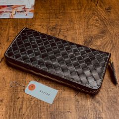 ブライドルレザー イントレチャート 編み込み メンズ 長財布 ラウンドファスナー