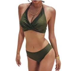 [AQUA Marine] ホルターネック ビキニ レディース クロスデザイン インスタ映え 華奢見え 盛れる水着 メリハリボディ 2点セット 大人 かわいい ビーチ ナイトプール (M, カーキ) [カーキ] [M]