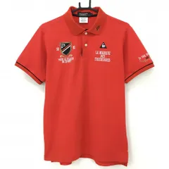 【美品】ルコックゴルフ 半袖ポロシャツ レッド×黒 袖口ライン 刺しゅう多数  メンズ L ゴルフウェア le coq sportif