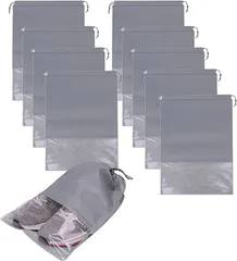 C-POSH 靴袋 巾着 不織布 シューズバッグ 収納袋 服入れ 透明窓付き 靴収納ケース Mサイズ 10枚入り(グレー,  Mサイズ 10枚入り)
