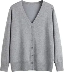 Dep Club 肌触りが良いxきちんと感 スクールカーディガン 女子 大きいサイズ 学生 レディース 無地 事務服 仕事 ニット 上品 Vネック 長袖 柔らか 春 秋 冬(グレー,  L)