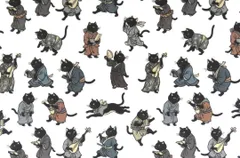 【ゆきちゃん限定】X2354 黒猫の鳥獣戯画柄 浮世絵 白 生地 1m