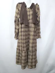 ◇ ⊇ ems excite エムズエキサイト チェック ショルダーリボン 長袖 膝下丈 ワンピース サイズF ブラウン レディース E  【1506180001053】