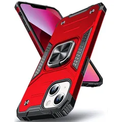 DASFOND iPhone 13 用 ケース 360度回転メタルリングキックスタンド付き 米軍MIL 耐衝撃 車載ホルダー対応 スマホケース アイフォン13 カバー 6.1 インチ レッド