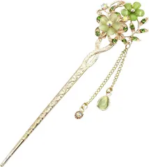 Miaomyao ミャオミャオ 簪 かんざし 一本 髪飾り 和装 留袖 アンティーク キュービックジルコニア ペア カップル フラワー 桜 花 モチーフ ピンクゴールド ヘアアクセサリー(Green,  ワンサイズ)