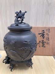 ⭕️✨希少名品 在銘「旭峰」作 高岡銅器 銅製香炉 鷹摘蓋・鳳凰耳・梅