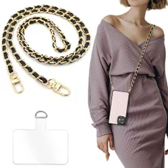 【人気商品】ストラップ1本+タグパッチ1枚 スマホ/バッグ/お財布用 全機種対応 紛失・忘れ物防止 着脱簡単 ショルダーバッグ 120cm ハンドバッグ 携帯ストラップ 斜め掛け レザー+金属チェーン 金+黒 革新版金属製D字パッチ ショルダーストラップ スマ