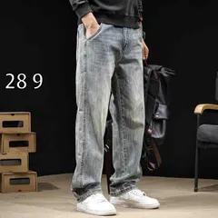 [28 9 ]秋冬 コーデ メンズ  服 シンプル ファッション オシャレ 大人 かっこいい 大きいサイズ ストリート 紳士服 ライト ウォッシュ ストレート ジーンズ ワイド レッグ ロング パンツ 