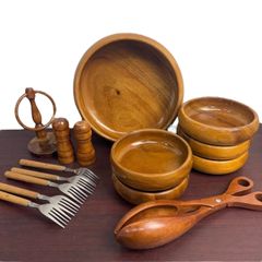 レトロ　ヴィンテージ  破損箇所あり　wood ウッド　木製 食器 カトラリー サラダボウル フォーク 調味料入れ　調味料立て セット 皿 天然木