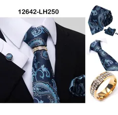 発表会　ネイビー ペイズリー　ネクタイ　ポケットチーフ　カフスボタン　リング　4点 セット　結婚式　イベント　卒業式　入学式　入社式　父の日　七五三祝い　ダンスパーティー　バーテンダー　格安　ペイズリー柄　ネイビー色　紺色　ブラック色　黒　シルバー色　グレー色