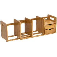 【迅速発送】SYZHXHKL 本棚 卓上 机上ラック 卓上ラック 卓上収納 竹木製 伸縮型本立てラック デスク上ラック デスク 収納 卓上棚 デスク上置き棚 引き出し付き 小物入れ オフィス事務用品 文房具 本収納ラック デスクシェルフ 整理整頓 ブックスタン