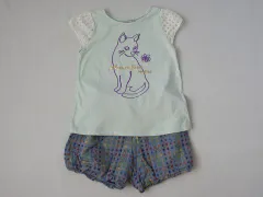 アナスイミニ anna sui mini アウトレット 子供服 女の子 130cm 半袖 Tシャツ ショート パンツ 2点 ペパーミントグリーン 緑 猫 ネコ 青 幾何学 春 夏 ★3 セットアップ ガールズ キッズ 【中古】 リサイクル