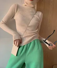 【タグ付新品未使用】[seu22q31093ベージュ]タートルネック袖口スリットニット インナートップス リブニット 春秋冬 韓国ファッション