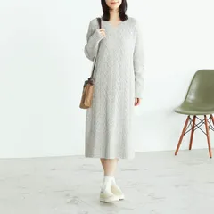 【送料無料】【在庫薄】1点限り　(コムサ イズム) ケーブル柄 ロング ニットワンピース ライトグレー Mサイズ