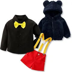 Lezalic 子供服 キッズ コスチューム 5点セット アウター ボア モコモコ ジャケット フード 耳付き サスペンダー 長袖 クリスマス ハロウィン(コスチューム+アウターセット,  90)