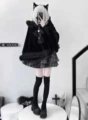 黒色 ✴︎ フード付き ケープ ポンチョ もこもこ フリル レディース コスプレ 地雷系 量産型 冬 秋 韓国風 ガーリー 原宿系 可愛い ファッション ゆったり 防寒 アウター 学生 コーデ 制服風 ロリータ ふわふわ 上着 ショート丈