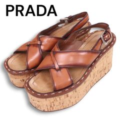プラダ PRADA サンダル ミュール レザー 37 1/2オレンジ 編み込み