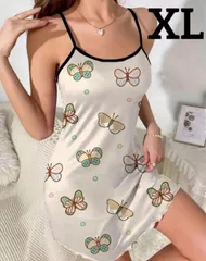 【新品】レディース バタフライプリントレタストリムナイトドレス【即購入可】