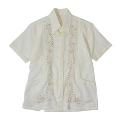 【M】古着 70s ヴィンテージ キューバシャツ シアーシャツ 半袖 刺繍 隠しボタン 生成り ホワイト