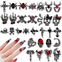 【新品未開封】 レトロ スカル パンク系 蛇 シルバー 十字架 クロス ハロウイン パンク ネイルアートパーツ ネイルパーツ 30個セット Chisafly