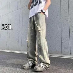 [2XL]メンズ ファッション 服 男性用 オシャレ シンプル 大人 かっこいい 大きいサイズ ストリート 紳士服 リップド ジーンズ アメリカン ストリート レトロ ウォッシュ 加工 ダメージ パンツ 夏 薄手 ストレート レッグ フロアレングス パンツ