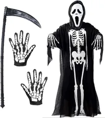 ハロウィン コスプレ 衣装 骸骨 戦慄のハロウィン スクリーム 死神 4点セット （ホラーマスク＋衣装＋手袋＋死神コス 鎌） コスチューム 男女共用 120サイズ