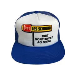 【キャップ/帽子】80s LES SCHWAB (レスシュワブ) メッシュキャップ 企業もの 1987 NORTHWEST AG SHOW　ブルー 青 ホワイト 白 イエロー 黄 レッド 赤 ブラック 黒