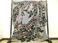 平和屋着物○豪華振袖 総絞り 束ね熨斗御所車飛鶴花文 黒地 金銀彩