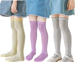 【数量限定】ハイソック スメッシュ 薄手 ニーハイ キッズ 靴下 女の子 ３足セット 踵なし [ZGKULAEAOW] メロー 無地 シンプル