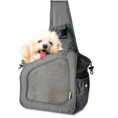【数量限定】dot. ペット スリング 抱っこ紐 小型犬 猫 5kg未満 キャリーバッグ 斜めがけ バッグ キャリー 軽量 コンパクト 抱っこ ポケット 飛び出し防止 リード 2wayマット リップストップ お散歩 犬用 猫用 (グレー Msize)