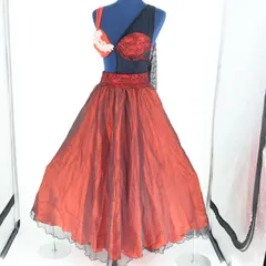 【ベリーダンス用 オリエンタル衣装】レッド×ブラック ラインストーン 赤 黒 シルバー レース 花柄 オーガンジー オシャレ トップス スカート セット 伸縮性 ゴム仕様 スリット オーガンジー パフォーマンス 衣装 大人用 ダンス