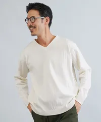 新品 未使用 JIGGYS SHOP(ジギーズショップ)ワイドリブVネックニットセーター 217751 ホワイトのサムネイル