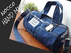 No.629【DENIM✖️ドラム缶型ボストンバッグ💚】Blackショルダー紐付✨デニムリメイク👖ショルダーバッグにもなる🆗✨