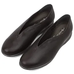 カジュアルシューズ ダークブラウン 本革 日本製 国産 3E 幅広設計 V字カット 軽量 屈曲 防滑 シンプル レディース