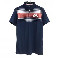 【新品】アディダス 半袖ポロシャツ ネイビー白×レッド 前上部ボーダー ボタンダウン メンズ M ゴルフウェア adidas