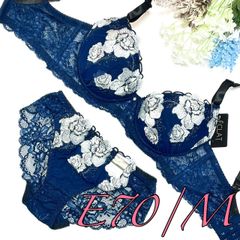 （935701）脇高ラメ入り大花刺繍ブラ＆ショーツセット【E70/M】 ネイビー