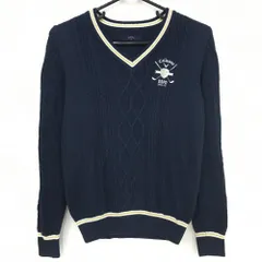 【美品】キャロウェイ セーター ネイビー×白 一部ケーブル編み ニット ウール混 Vネック レディース M ゴルフウェア Callaway