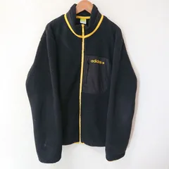(^w^)b adidas アディダス ボア フリース ジャケット ロゴ刺繍 ジップアップ フルジップ 防寒 スポーツ アウトドア キャンプ レジャー タウンユース モコモコ シンプル カジュアル ブラック 黒 イエロー 黄色 メンズ サイズO