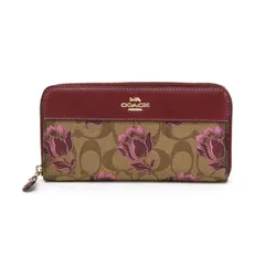 コーチ COACH アコーディオン ジップアラウンド ウォレット PVC / レザー デザート チューリップ プリント 花柄 F76871 長財布 ラウンドファスナー カーキ (ベージュ) / ピンク マルチ / レッド 中古 mbd02003