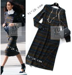 シャネル ワンピース CHANEL 31万 オリーブ グリーン ネイビー 新品同様 ボーダー やわらか美人見え カシミア ニット ランウェイ登場  40 ストライプ 着心地 天国