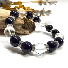アメジスト&水晶 パワーストーン ブレスレット 天然石 12mm （シルバー）メンズ・レディース　男性・女性　数珠ブレス　開運  [1]