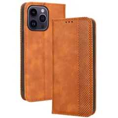 iPhone16 Pro ケース 手帳 チェック柄 合革 レトロ 手帳 ケース 【Color】キャメル