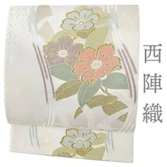 袋帯 中古 リサイクル 正絹 唐織 グレージュ 灰色 ベージュ 金糸 花 椿 花菱 流水 仕立て上がり セミフォーマル 成人式 結婚式 No.i6-2005
