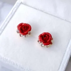 113A【高品質✨】薔薇　バラ　メタリック　レッド　赤　アンティーク調　ピアス