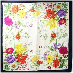 グッチ シルク スカーフ ホワイト×ネイビー フローラル柄 ヴィンテージ