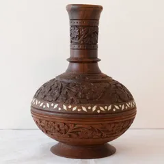 [KO]アンティーク風 木製 花器 オブジェ 花壺 花瓶 置物 木彫り 彫刻 花模様