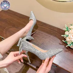 新品 未使用 ゴージャスな輝きが魅力のピンヒールパンプス☆ リボンアクセント